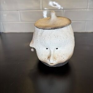Studio Pottery Face Jar Lidded Vessel Small White Brown Handcrafted Folk Art